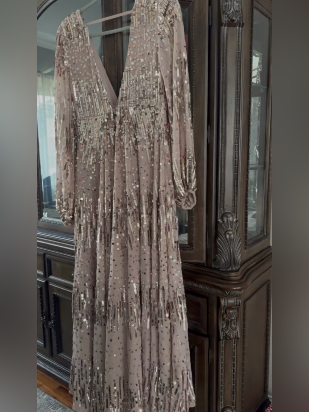 ASOS Long Sleeve Sequin Maxi Dress in Blush and Rose Gold